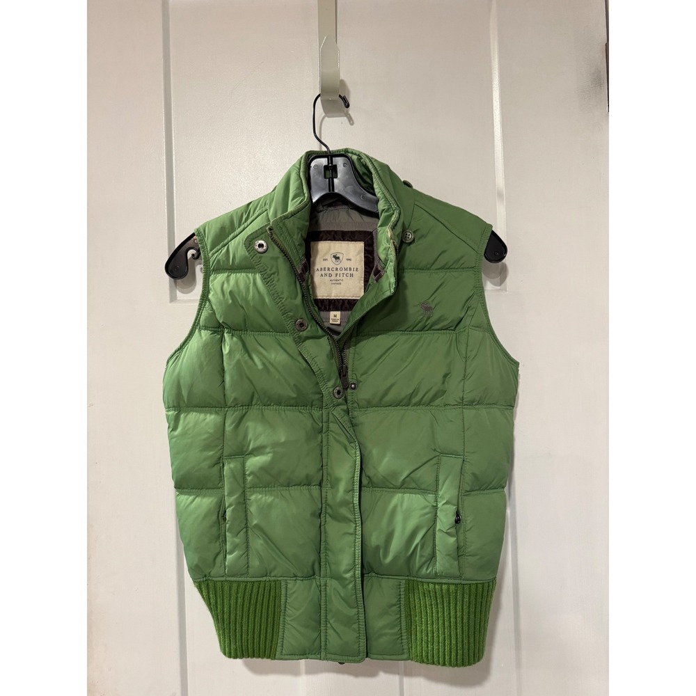 Abercrombie & Fitch Green Down Puffer Vest Ribbed Hem sz‎ M Vintage Style B5.2